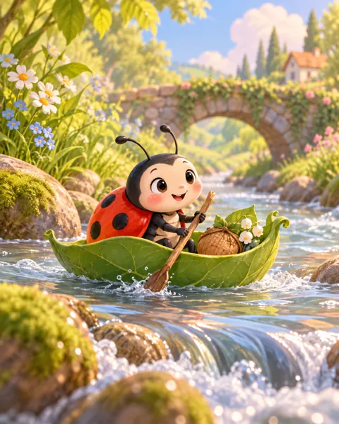 Ladybug Leaf Boat · Soft Digital Pastel