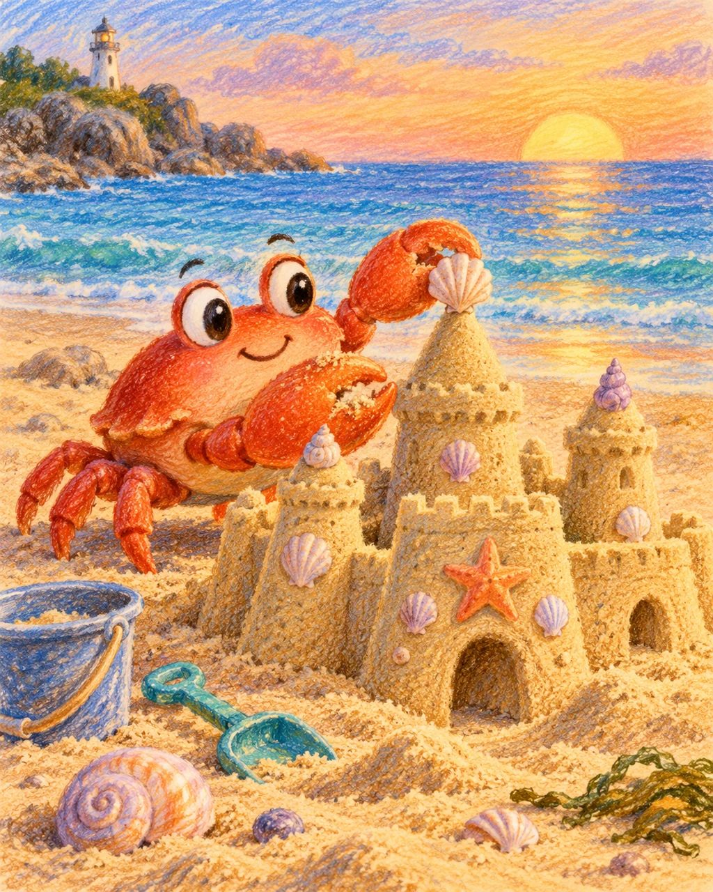 Crab Sandcastle · Crayon and Colored Pencil
