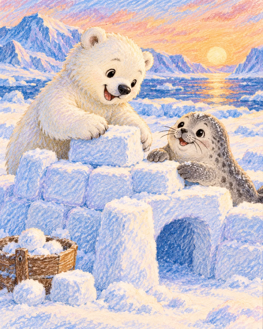 Polar Bear Snow Fort · Crayon and Colored Pencil