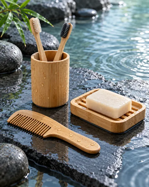 Bamboo Bath Set · Wet Stone and Ripples
