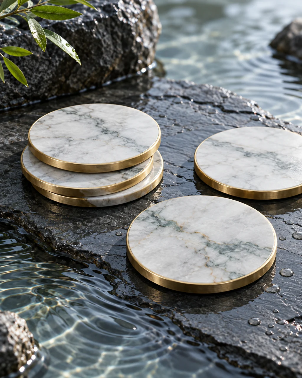 Marble Coaster Set · Wet Stone and Ripples