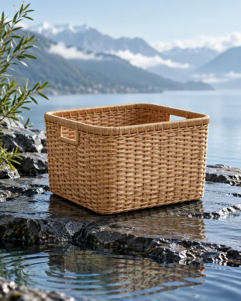 Woven Rattan Basket · Wet Stone and Ripples