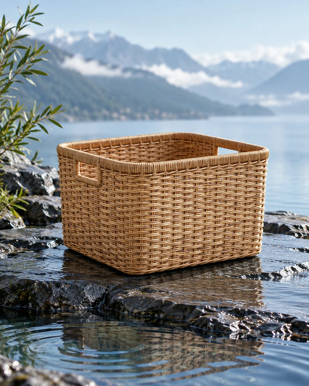 Woven Rattan Basket · Wet Stone and Ripples