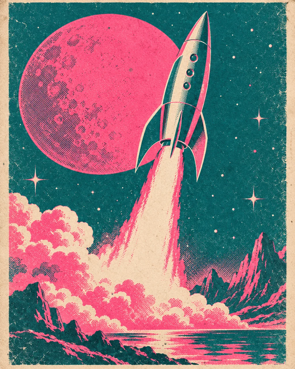 Retro Rocket Launch · Risograph Print