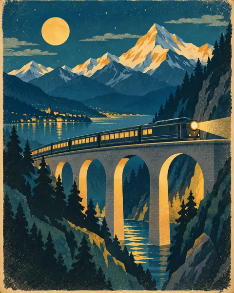 Night Train Through Mountains · Mid-century Travel Poster