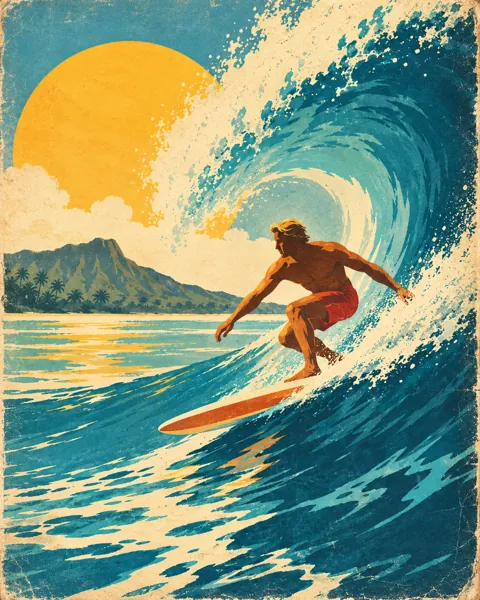 Surfer on a Wave · Mid-century Travel Poster