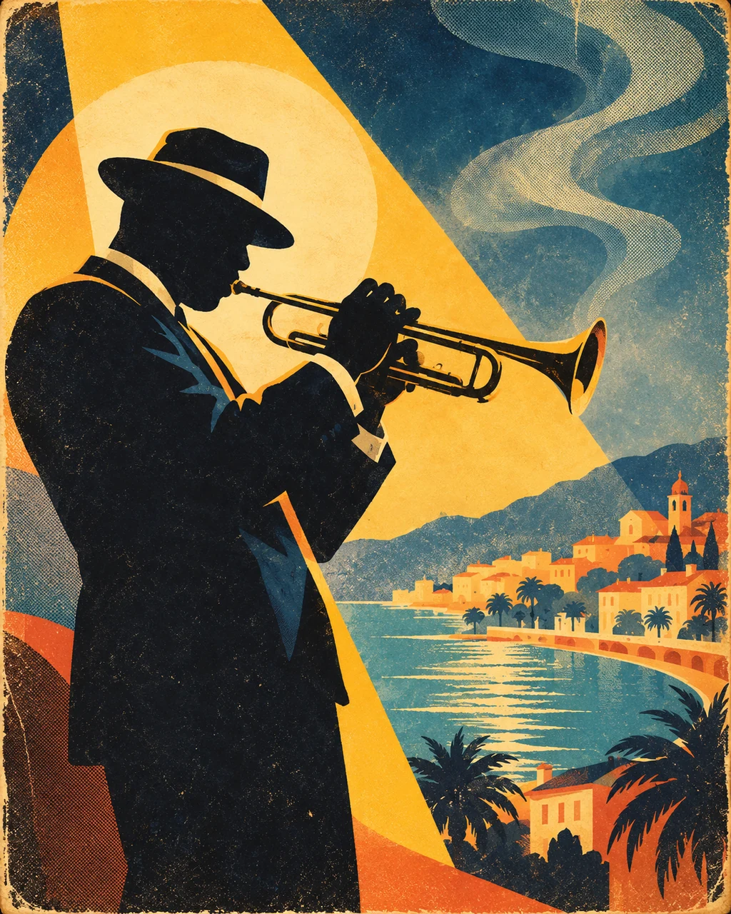 Jazz Trumpet Silhouette · Mid-century Travel Poster
