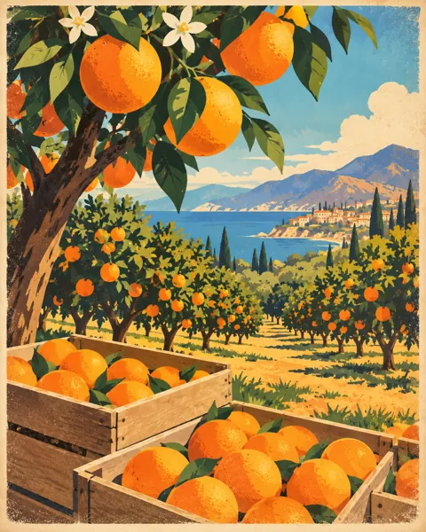 Orange Grove Harvest · Mid-century Travel Poster