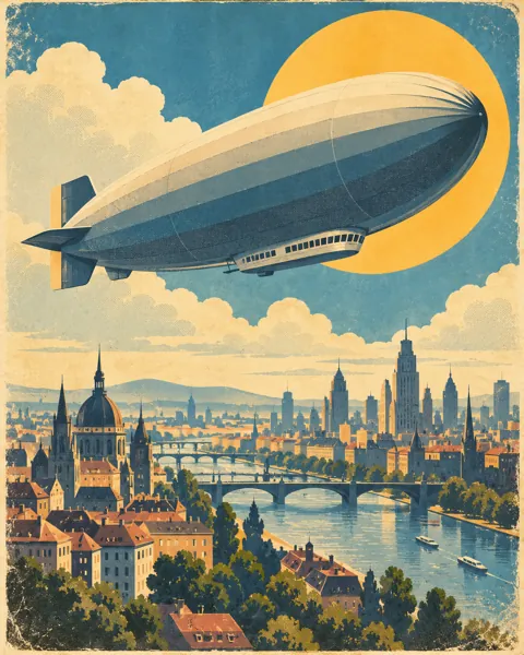Airship Over the City · Mid-century Travel Poster