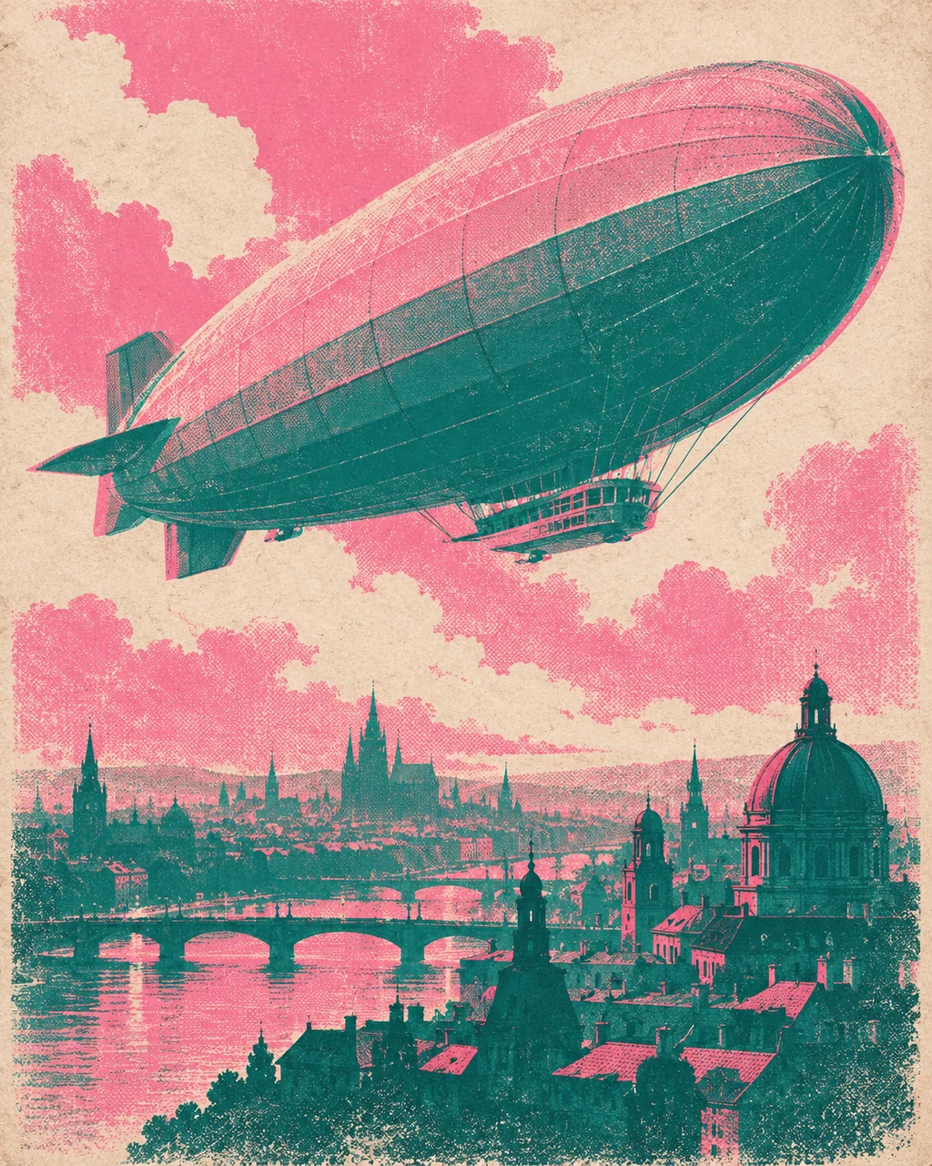 Airship Over the City · Risograph Print