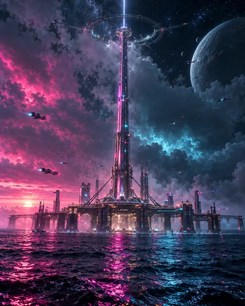 Orbital Space Elevator · Neon Cyberpunk
