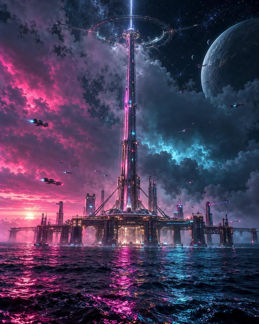 Orbital Space Elevator · Neon Cyberpunk