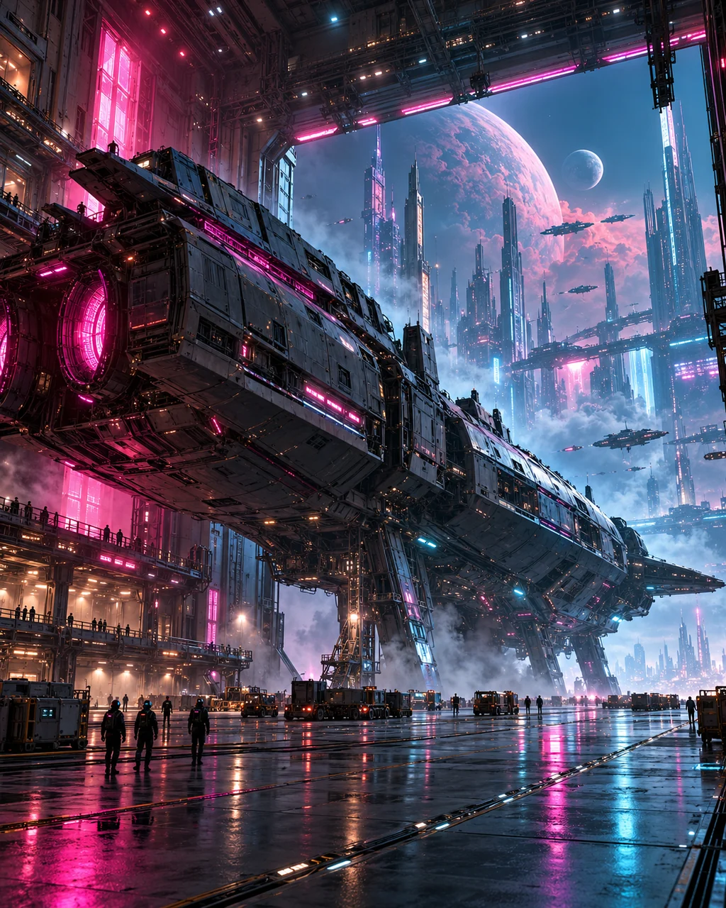 Starship Hangar Bay · Neon Cyberpunk