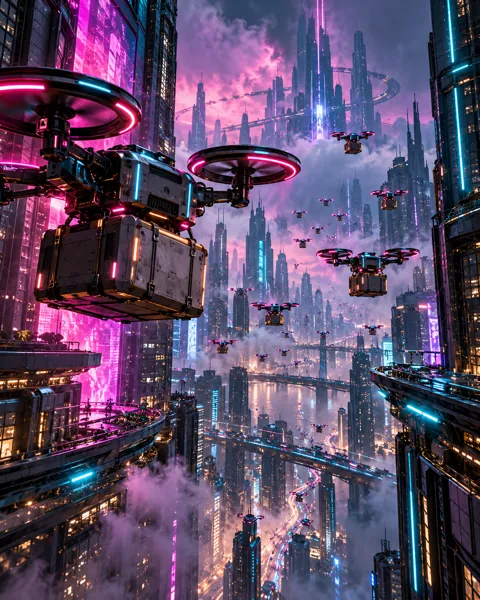 Drone Delivery Swarm · Neon Cyberpunk