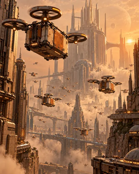 Drone Delivery Swarm · Dusty Retro-futurism