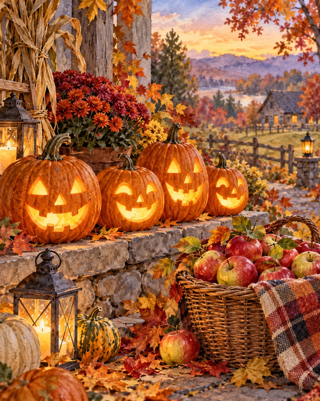 Harvest Pumpkin Lanterns · Watercolor style
