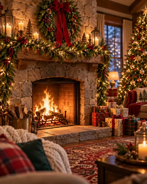 Christmas Wreath Fireplace · Cozy indoor light