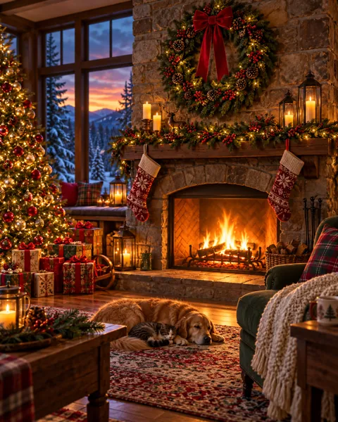 Christmas Wreath Fireplace · Cinematic dusk