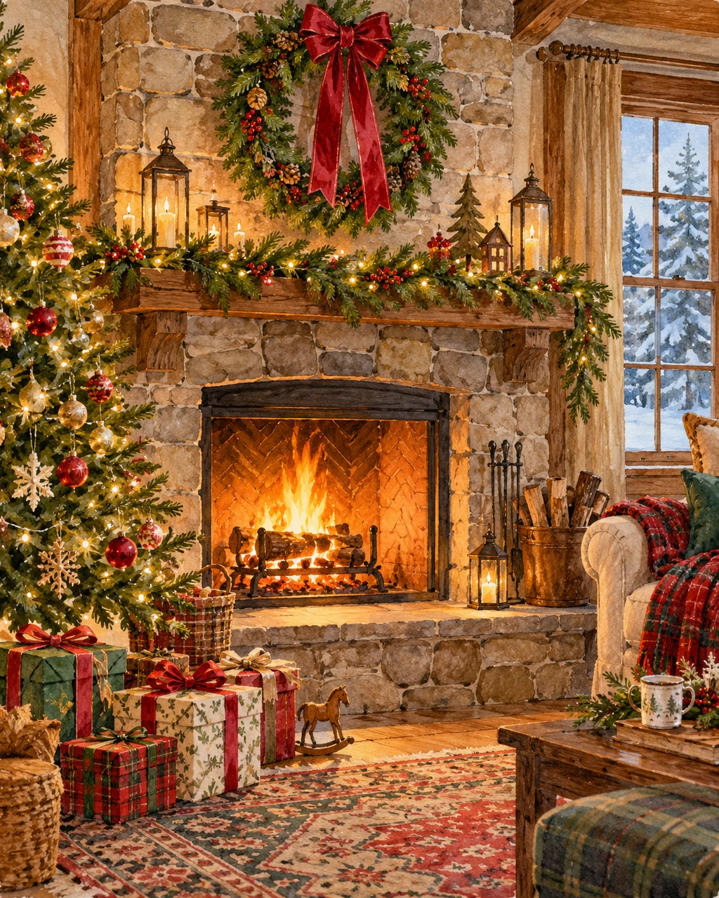 Christmas Wreath Fireplace · Watercolor style
