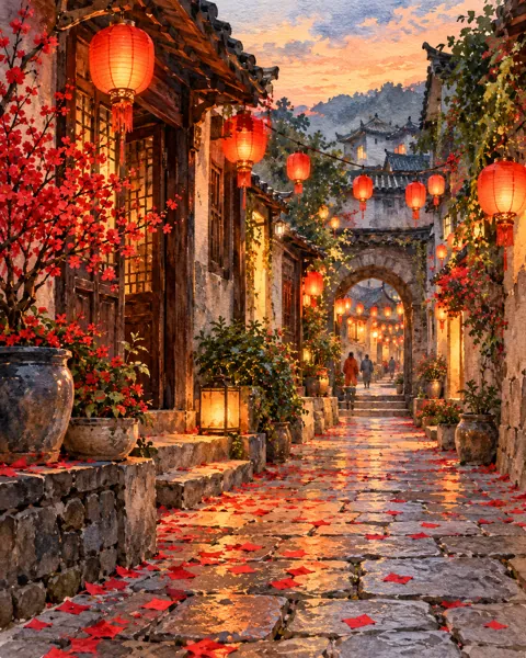 Lunar New Year Lantern Alley · Watercolor style