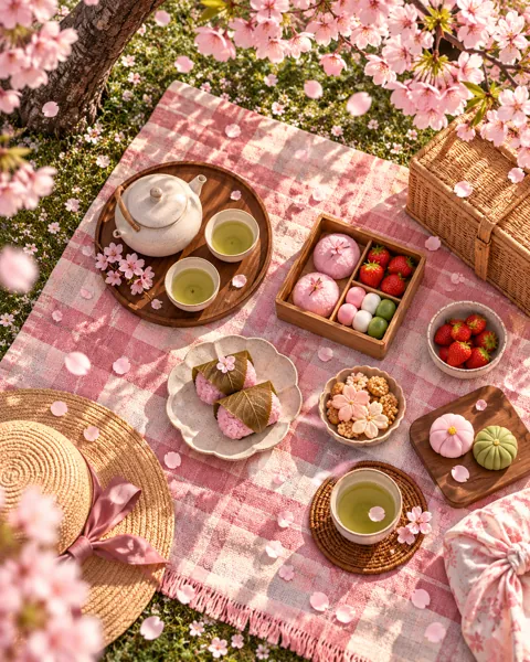 Cherry Blossom Picnic · Minimal flat lay