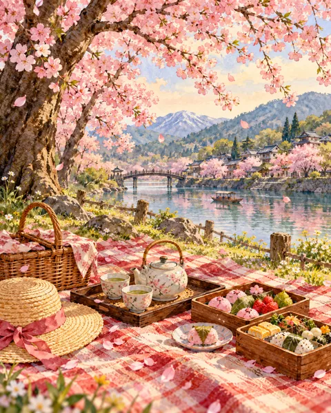 Cherry Blossom Picnic · Watercolor style