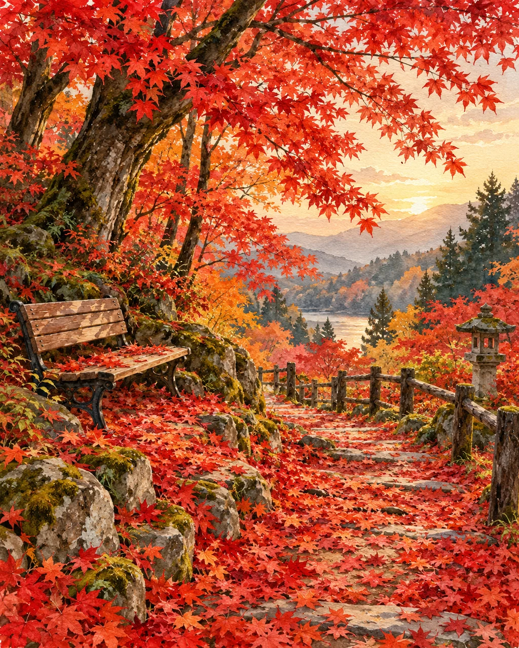 Maple Leaf Path · Watercolor style