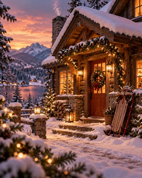 Snowy Cabin Evening · Cozy indoor light