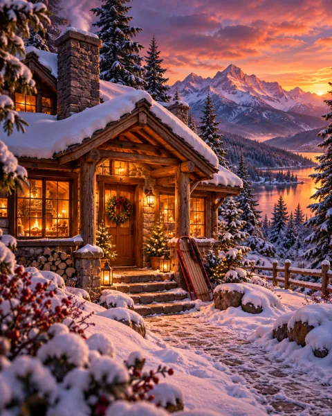 Snowy Cabin Evening · Cinematic dusk