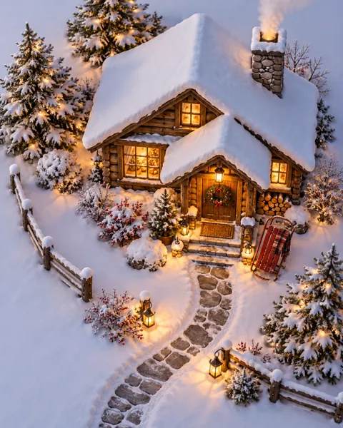 Snowy Cabin Evening · Minimal flat lay