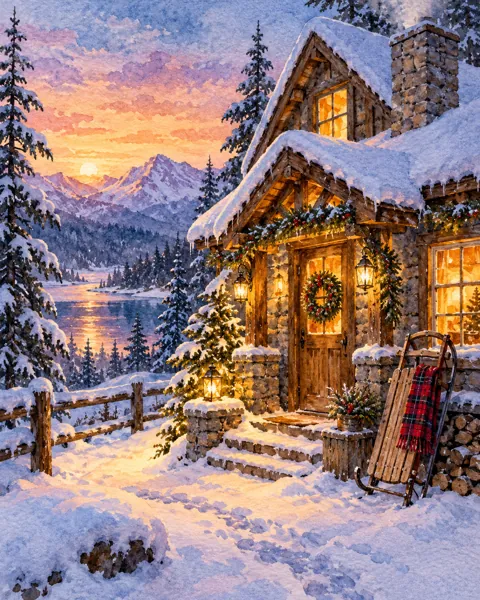 Snowy Cabin Evening · Watercolor style