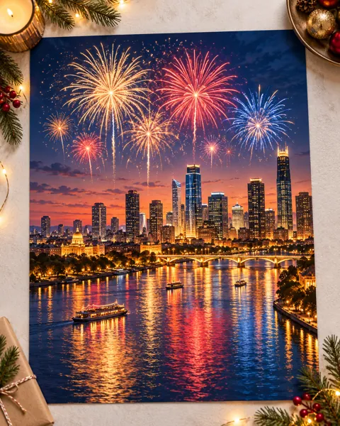 New Year Fireworks City · Minimal flat lay