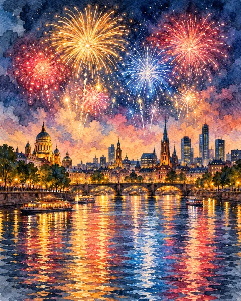 New Year Fireworks City · Watercolor style