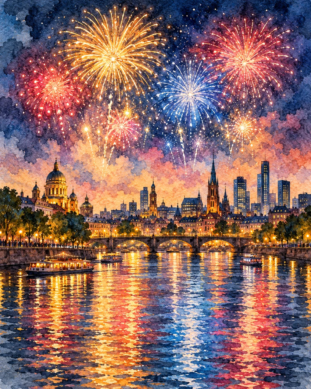 New Year Fireworks City · Watercolor style