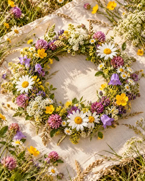 Midsummer Flower Crown · Minimal flat lay