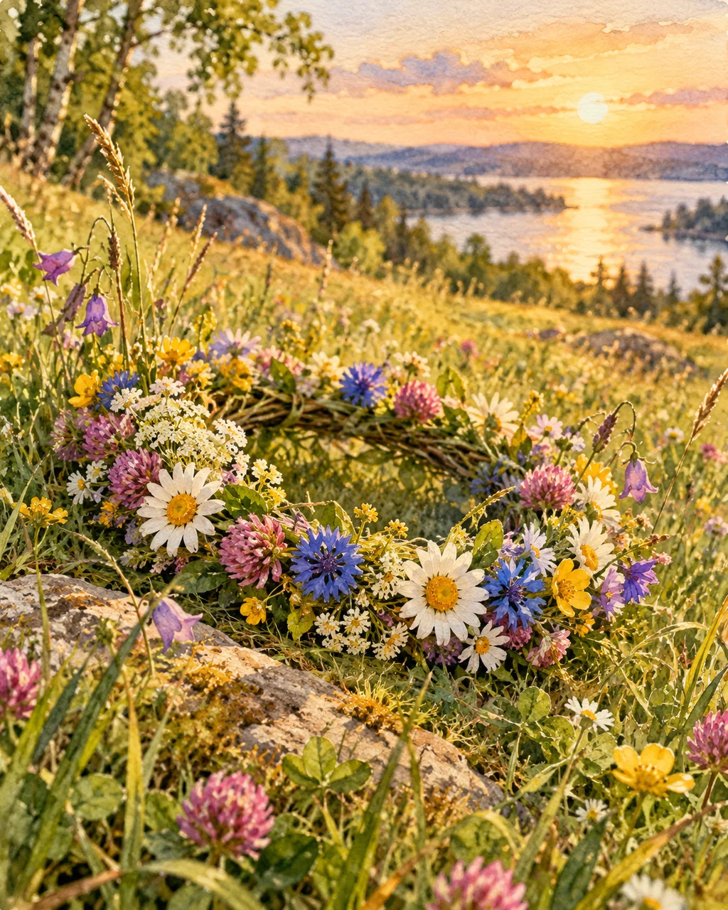 Midsummer Flower Crown · Watercolor style