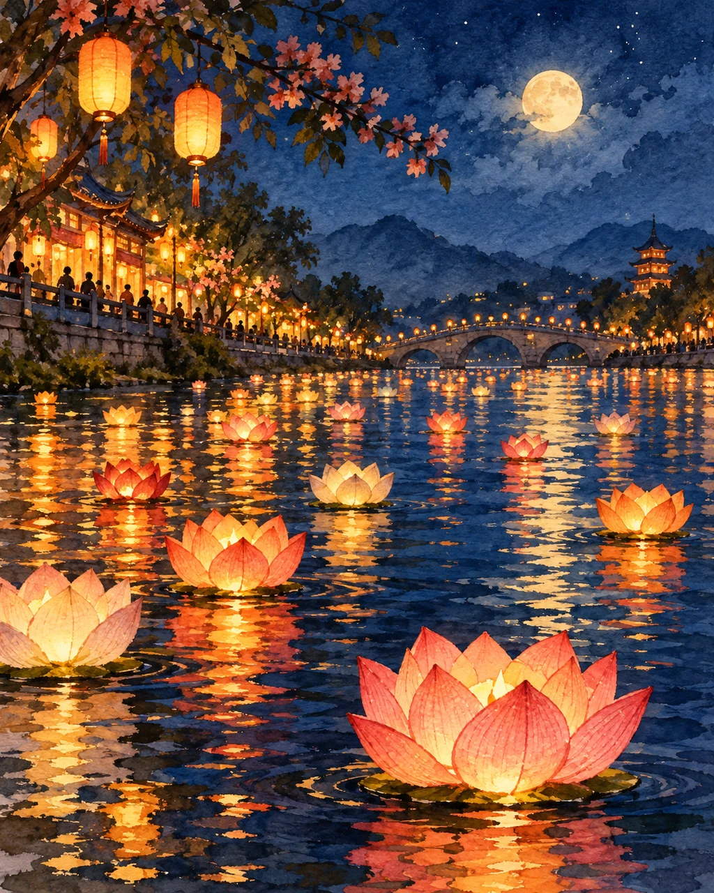 River Lantern Festival · Watercolor style