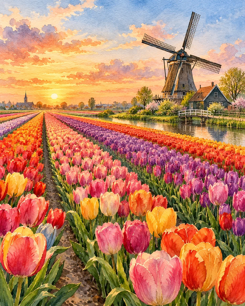 Spring Tulip Fields · Watercolor style