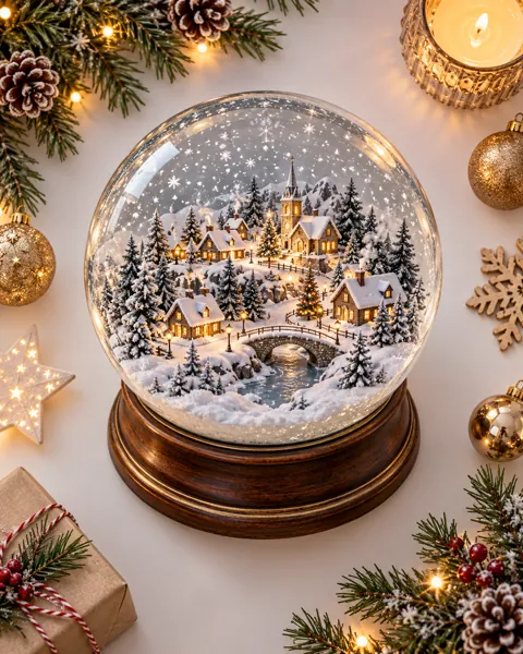 Snow Globe Village · Minimal flat lay