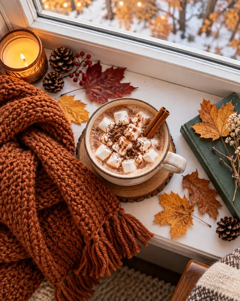 Autumn Cocoa Window · Minimal flat lay