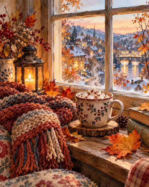 Autumn Cocoa Window · Watercolor style