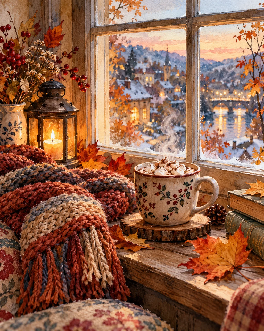 Autumn Cocoa Window · Watercolor style