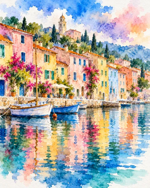 Pastel Harbor Houses · Vibrant Pigments