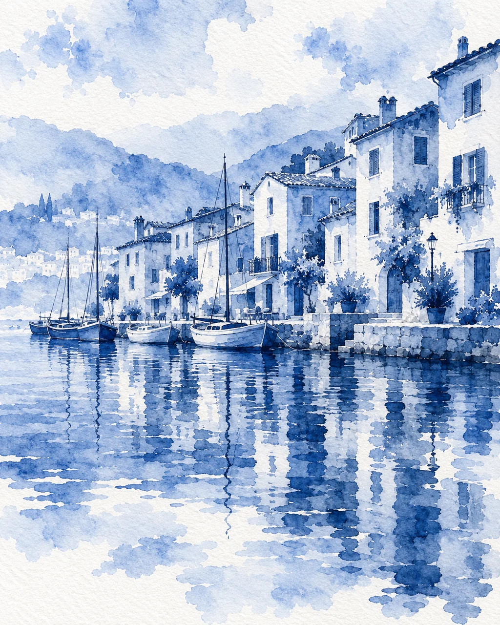 Pastel Harbor Houses · Indigo Monochrome