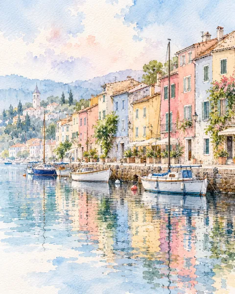 Pastel Harbor Houses · Ink Line and Wash