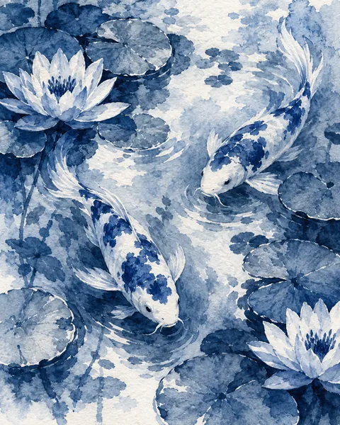 Koi Fish Pond · Indigo Monochrome