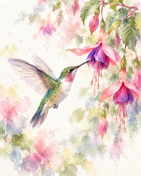 Hummingbird and Fuchsia · Soft Pastels