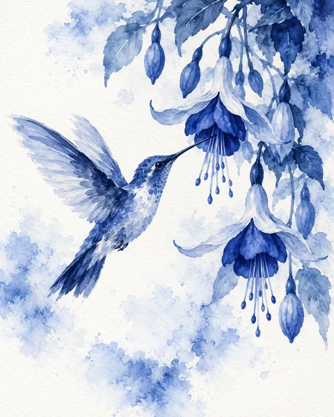 Hummingbird and Fuchsia · Indigo Monochrome