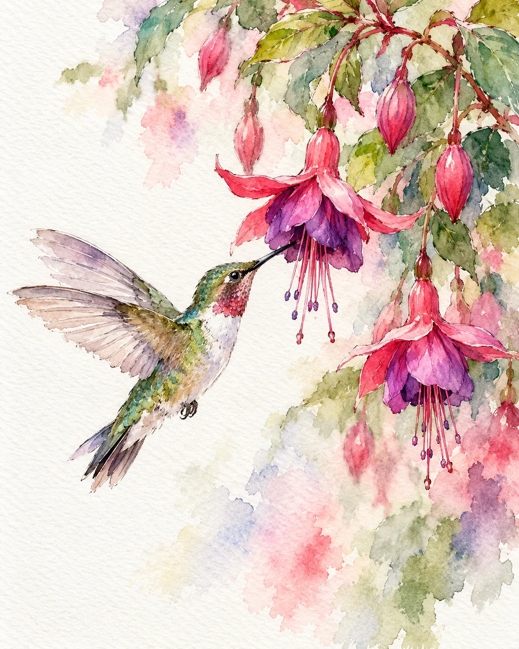 Hummingbird and Fuchsia · Ink Line and Wash