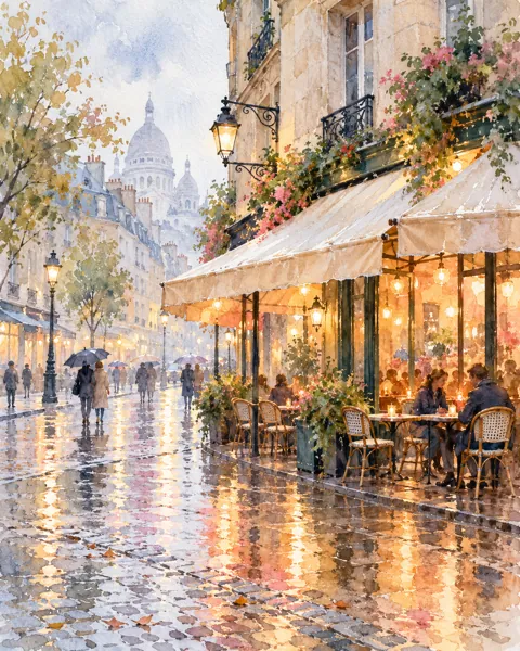 Rainy Cafe Street · Soft Pastels
